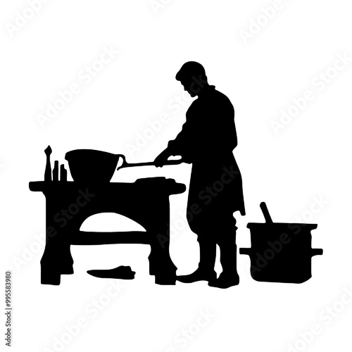 Blacksmith in Action at Forge Silhouette Vector Art