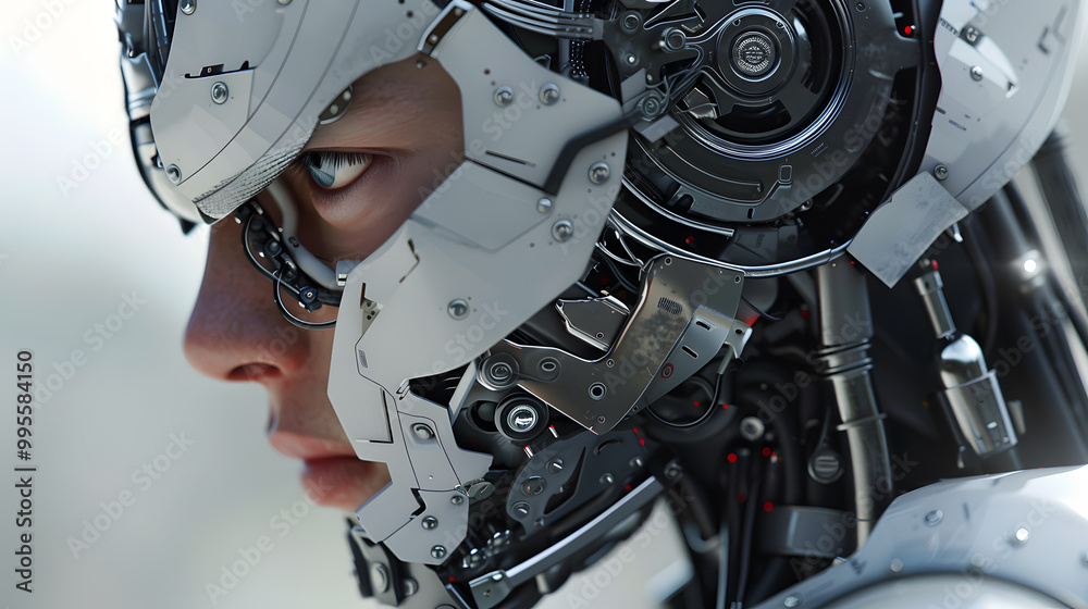 Fototapeta premium Portrait of an android robot, concept of technical support. Neural network AI generated art