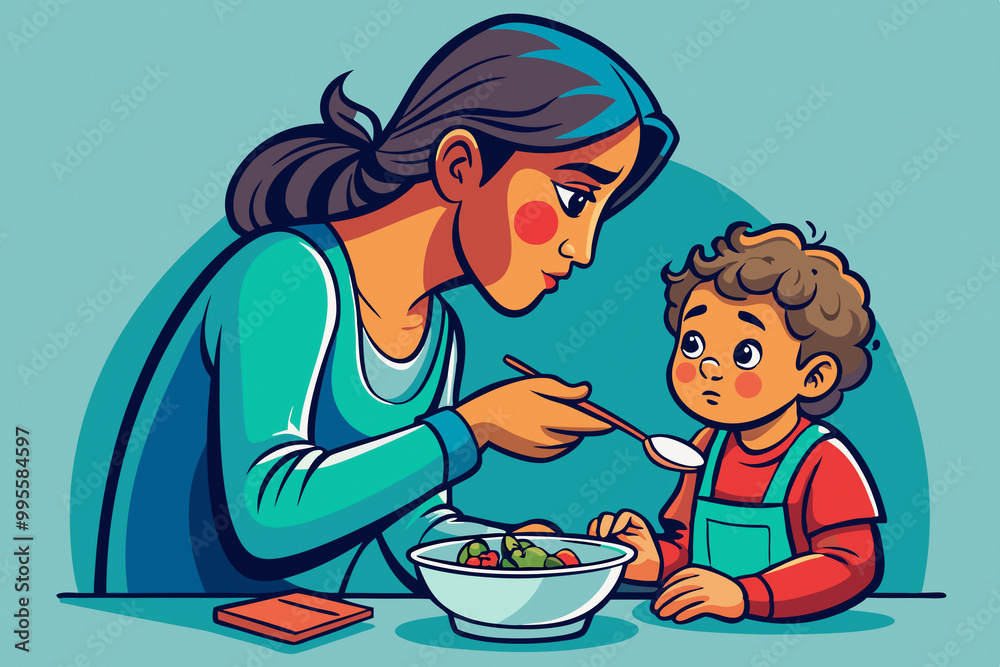 Mother Feeding Her Baby in High Chair – Child Rejects Food – Best for Advertising Designs Mother Feeding Her Baby in High Chair – Child Rejects Food – Best for Advertising Designs