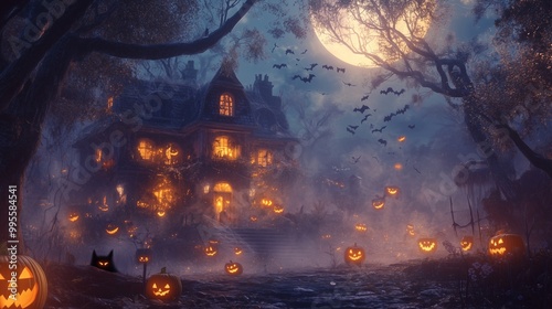 A haunted house adorned with cobwebs, glowing pumpkins, ghosts, and a watchful black cat. Spooky!