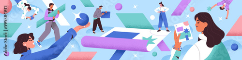 Concept of teamwork in business. Creative team works together on banner. People collect geometric figures, colourful shapes. Colleagues analyze data to create project. Flat vector illustration
