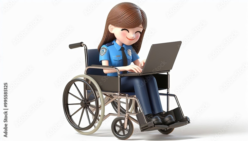 Cartoon Police Woman Working on Laptop in Wheelchair. Cartoon Police Woman Working on Laptop in Wheelchair.