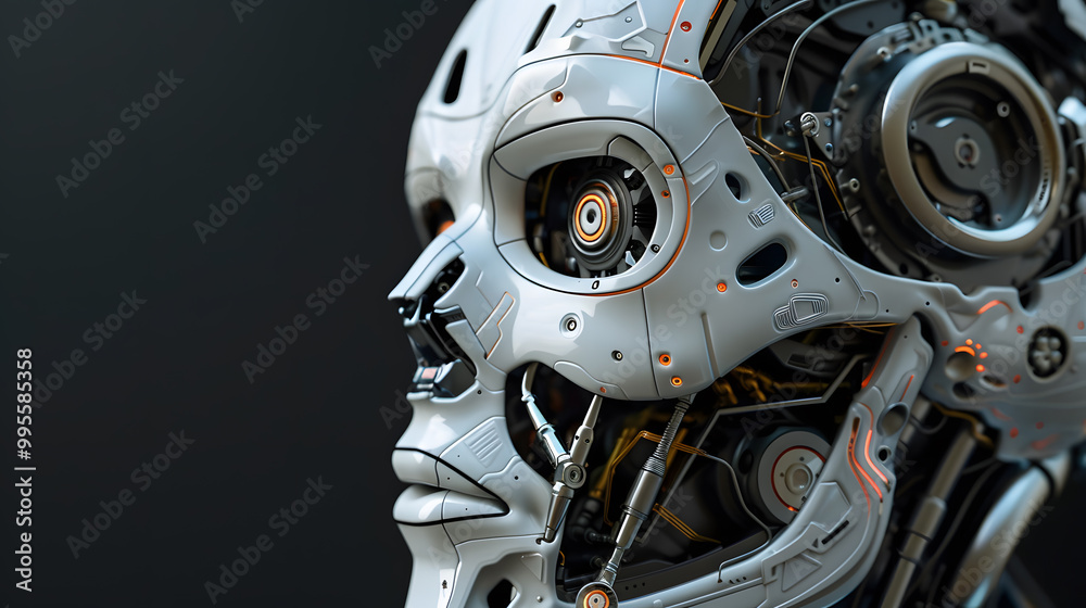 Fototapeta premium Portrait of an android robot, concept of technical support. Neural network AI generated art