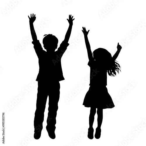 kids with arms in the air silhouette vector illustration transparent background