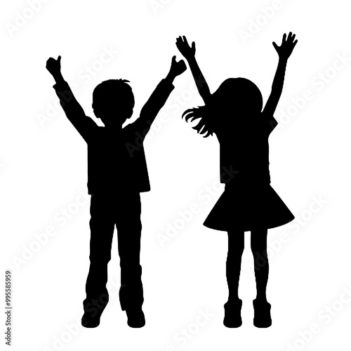 kids with arms in the air silhouette vector illustration transparent background