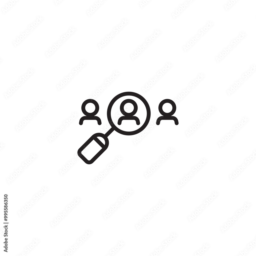 Hiring icon. Recruitment. Finding talent. Focus on people. Selecting candidates. Magnifying glass on people. Hiring icon. Recruitment. Finding talent. Focus on people. Selecting candidates. Magnifying glass on people.