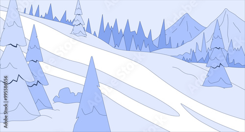 Snow covered hill slope flat illustration. Woods mountain peak ski resort 2D landscape cartoon background. Snowy hillside with snowcapped spruces fir trees. Woodland frozen scene vector image