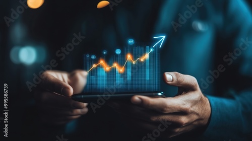 A person holds a smartphone displaying a rising financial graph, symbolizing growth and success in business analytics.