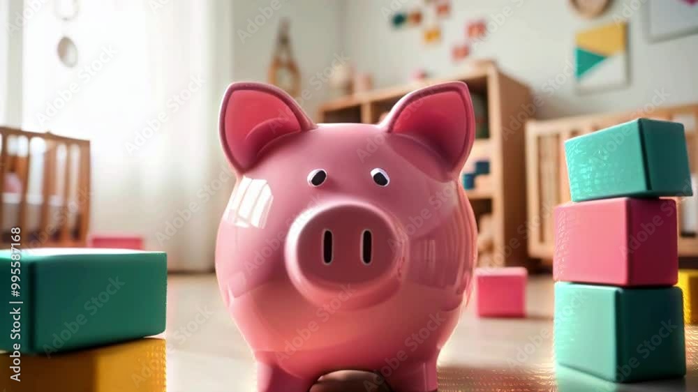 Pink piggy bank standing in front of a crib and colorful building blocks in a nursery. Pink piggy bank standing in front of a crib and colorful building blocks in a nursery.