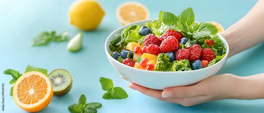 A vibrant salad bowl filled with fresh greens, berries, and fruits, held by a hand against a colorful background. A vibrant salad bowl filled with fresh greens, berries, and fruits, held by a hand against a colorful background.