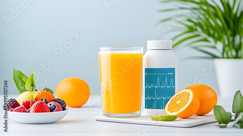 Fresh orange juice in a glass with fruits and a health supplement bottle on a light background. Perfect for wellness and nutrition.