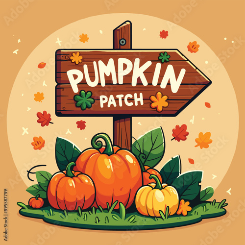 Cartoon pumpkin patch sign with falling leaves, vector illustration, perfect for autumn promotions