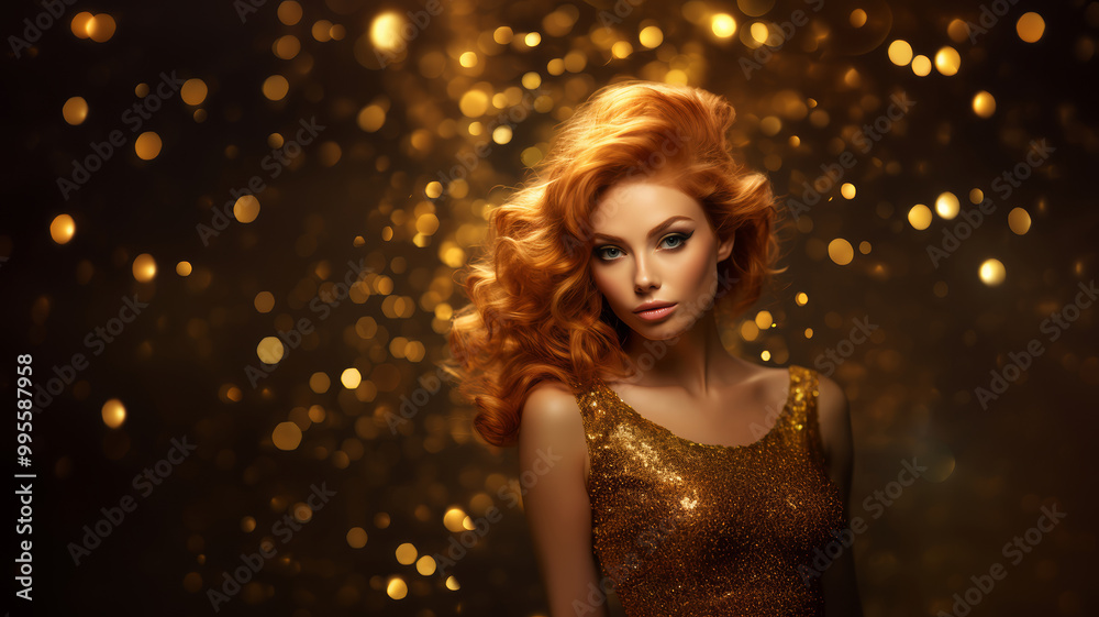 Beautiful sexy young red-haired white woman with high gloss gold glittering dress, in glitter fantasy, celebrity and luxury premium style on golden shiny sparkling and dark brown amber background. Beautiful sexy young red-haired white woman with high gloss gold glittering dress, in glitter fantasy, celebrity and luxury premium style on golden shiny sparkling and dark brown amber background.