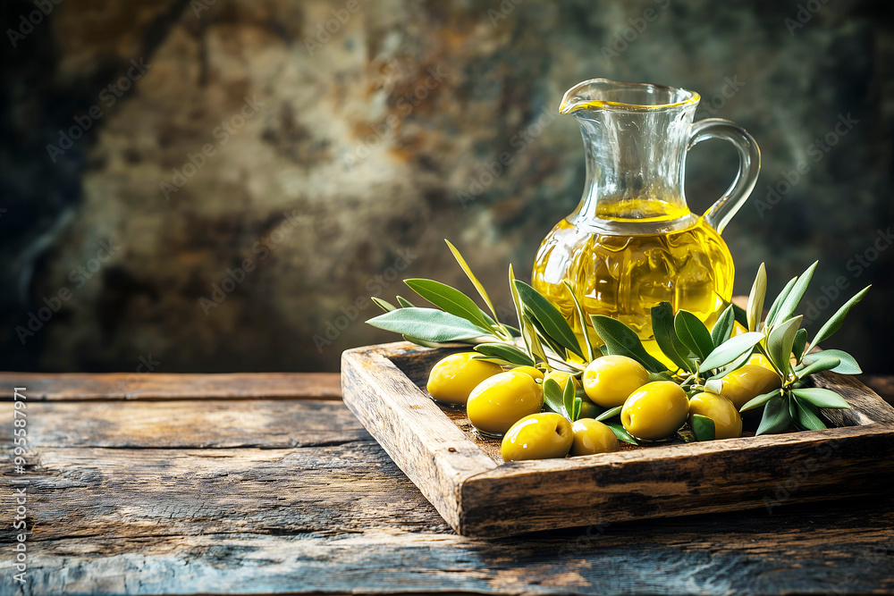 A rustic display of olive oil and fresh olives showcasing a warm, natural aesthetic with earthy tones. A rustic display of olive oil and fresh olives showcasing a warm, natural aesthetic with earthy tones.