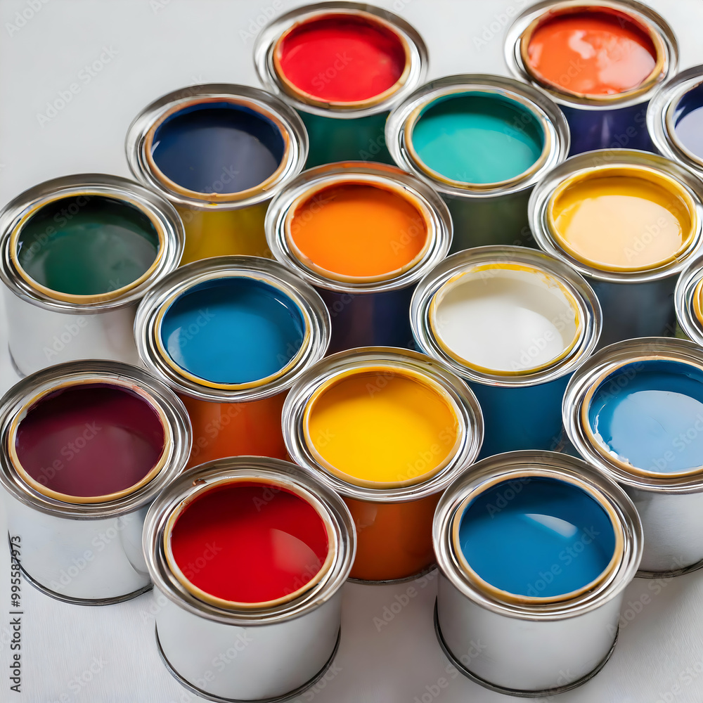 A set of colorful paint cans arranged neatly on a white background, each lid partially open, revealing vibrant shades of paint inside. The clean surface emphasizes the contrast between the bright colo