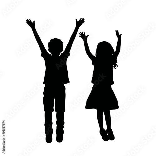 kids raising hands flat vector design - silhouette vector   transparent background