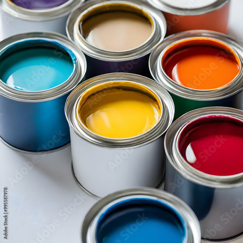cans of paint.A set of colorful paint cans arranged neatly on a white background, each lid partially open, revealing vibrant shades of paint inside. The clean surface emphasizes the contrast between t