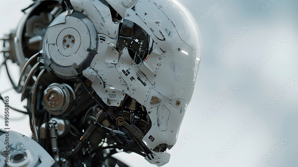 Fototapeta premium Portrait of an android robot, concept of technical support. Neural network AI generated art