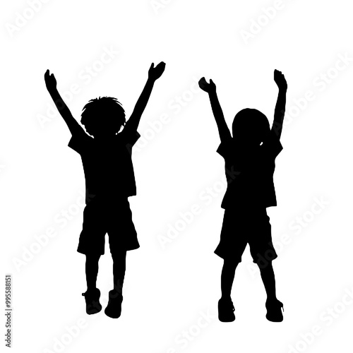 kids raising hands flat vector design - silhouette vector   transparent background