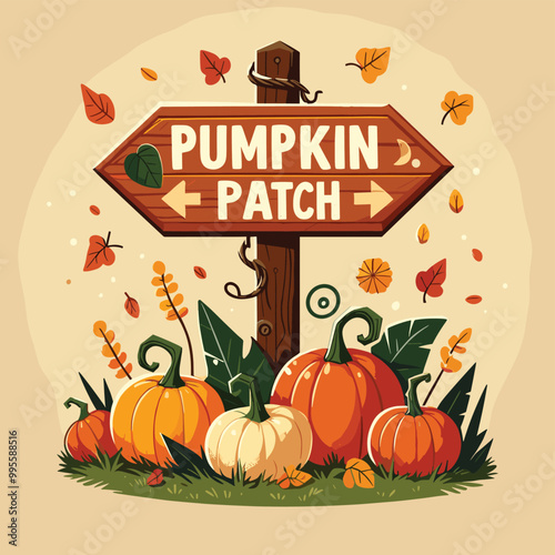 Pumpkin Patch Sign, autumn vector illustration, orange and green colors, seasonal decoration photo