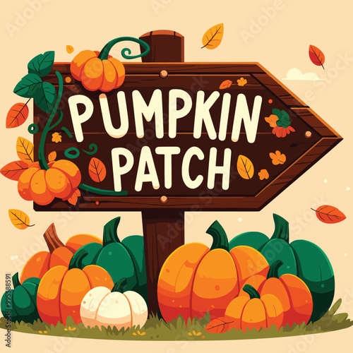 Pumpkin patch sign with vibrant pumpkins and autumn leaves, festive fall theme, vector illustration photo