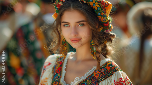 Glowing Portrait of Young Hungarian Woman in Traditional Medieval Dress in Local Village Ceremony, Showcasing Cultural heritage and tradition