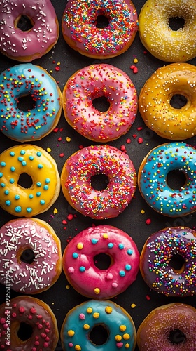 A variety of donuts with colorful icing and sprinkles, with room for copy