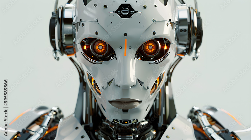 Fototapeta premium Portrait of an android robot, concept of technical support. Neural network AI generated art