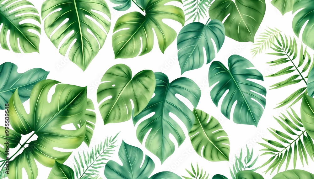 Luxurious Tropical Leaf Pattern with Oversized Monstera and Banana in Deep Emerald on Off-White Background Luxurious Tropical Leaf Pattern with Oversized Monstera and Banana in Deep Emerald on Off-White Background