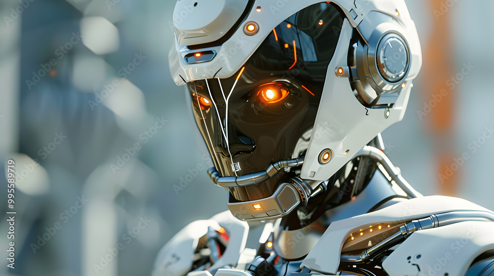 Fototapeta premium Portrait of an android robot, concept of technical support. Neural network AI generated art