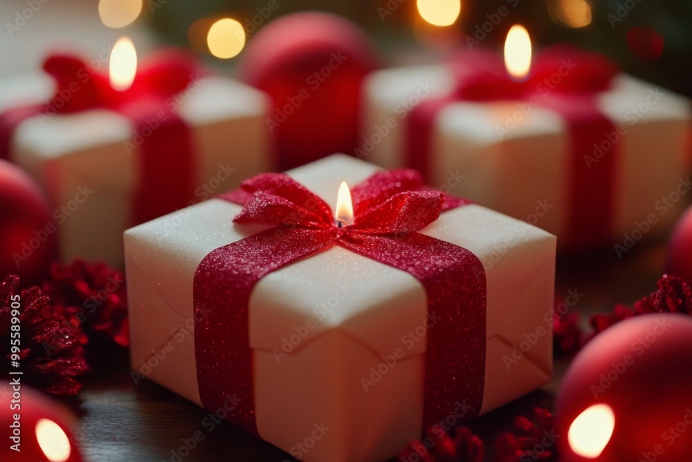 Red Christmas gift with a glowing candle on top surrounded by festive holiday lights and bokeh effects creating a magical and cozy holiday scene Red Christmas gift with a glowing candle on top surrounded by festive holiday lights and bokeh effects creating a magical and cozy holiday scene