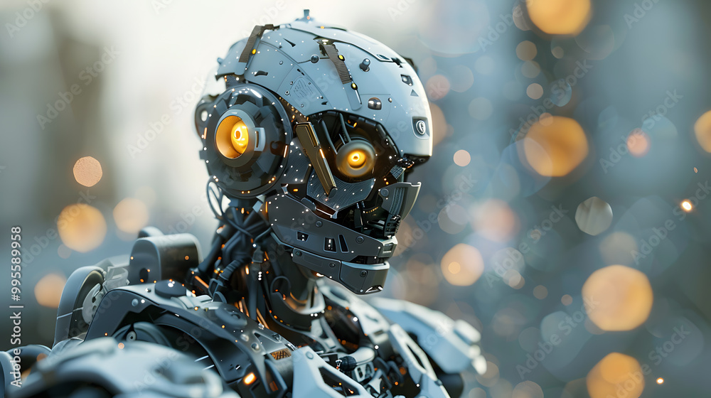 Fototapeta premium Portrait of an android robot, concept of technical support. Neural network AI generated art