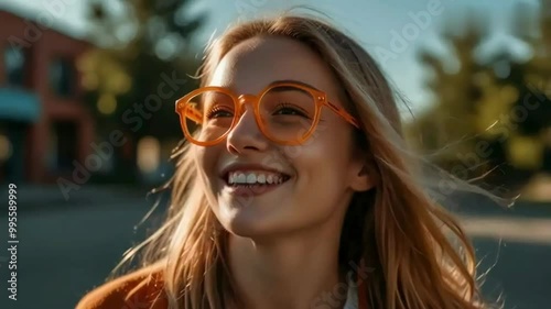 Smiling girl in orange glasses against blue sky and trees.