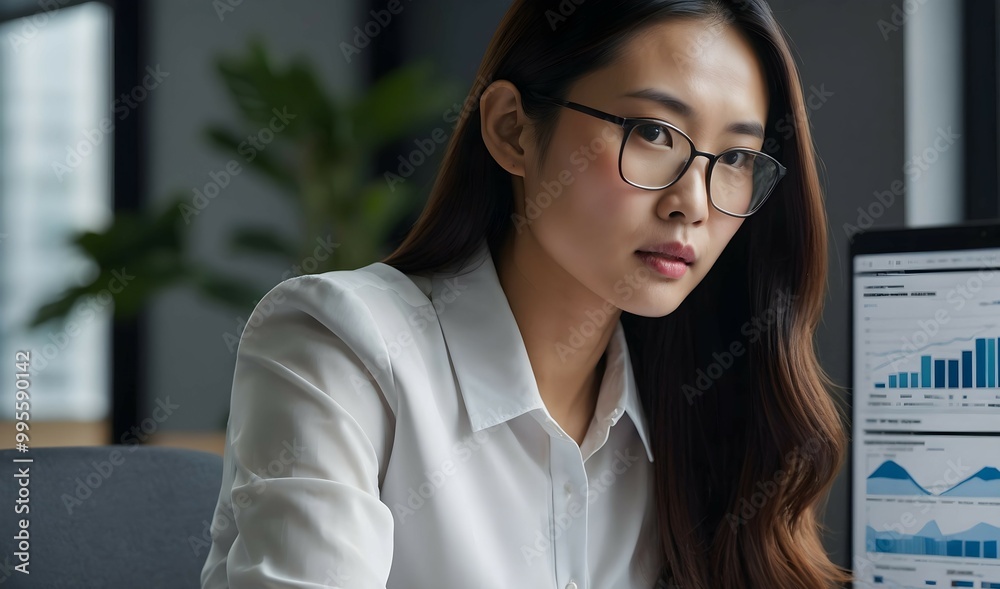 Fototapeta premium Focused on the Data: A young professional woman, wearing glasses, intently examines a computer screen filled with data and graphs, showcasing her dedication and analytical mindset.