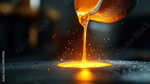 Liquid gold pouring into a mold, glowing brightly in a dark workshop, molten gold, metalwork and crafting --ar 16:9 --personalize h8br4gk 