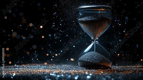 A close-up of an hourglass with grains of sand falling through the narrow neck representing the urgency of time running out Large space for text in center Stock Photo with copy space