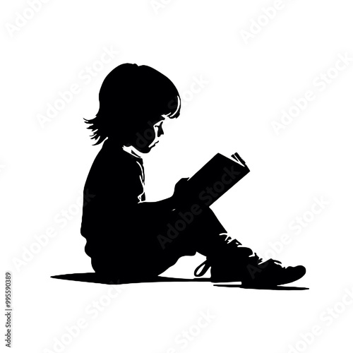 Silhouette of a young person reading a book