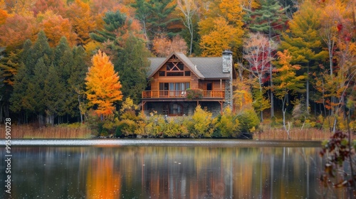 A peaceful lakeside cabin embraced by dense woods, where a still lake perfectly reflects the stunning autumn colors of the trees.