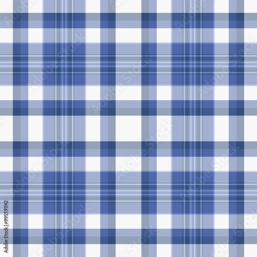 Graceful vector check fabric, delicate tartan plaid textile. Order background seamless pattern texture in blue and light colors.