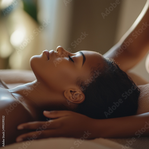 a african woman with her eyes closed is resting on a towel getting massage
