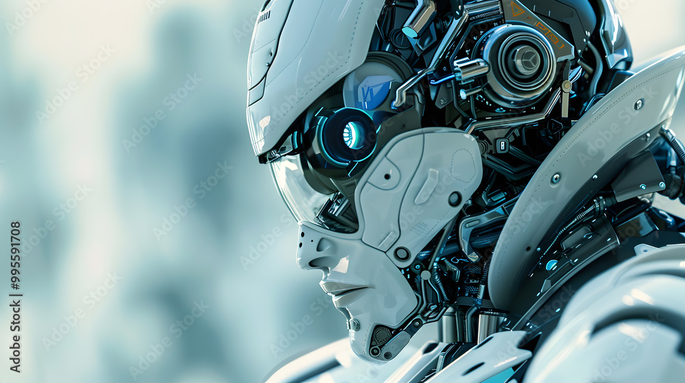 Fototapeta premium Portrait of an android robot, concept of technical support. Neural network AI generated art