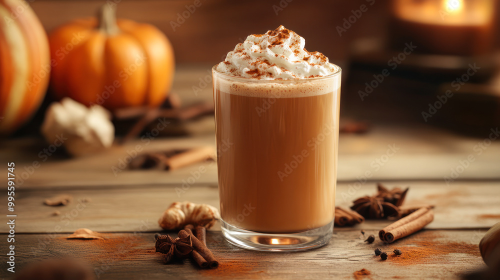 Pumpkin latte with spices drink, cozy autumn warm coffee beverage with pumpkin pie syrup and spices, with fresh orange pumpkin, cinnamon, anise on dark background. Cafe menu, recipe, copy space Pumpkin latte with spices drink, cozy autumn warm coffee beverage with pumpkin pie syrup and spices, with fresh orange pumpkin, cinnamon, anise on dark background. Cafe menu, recipe, copy space