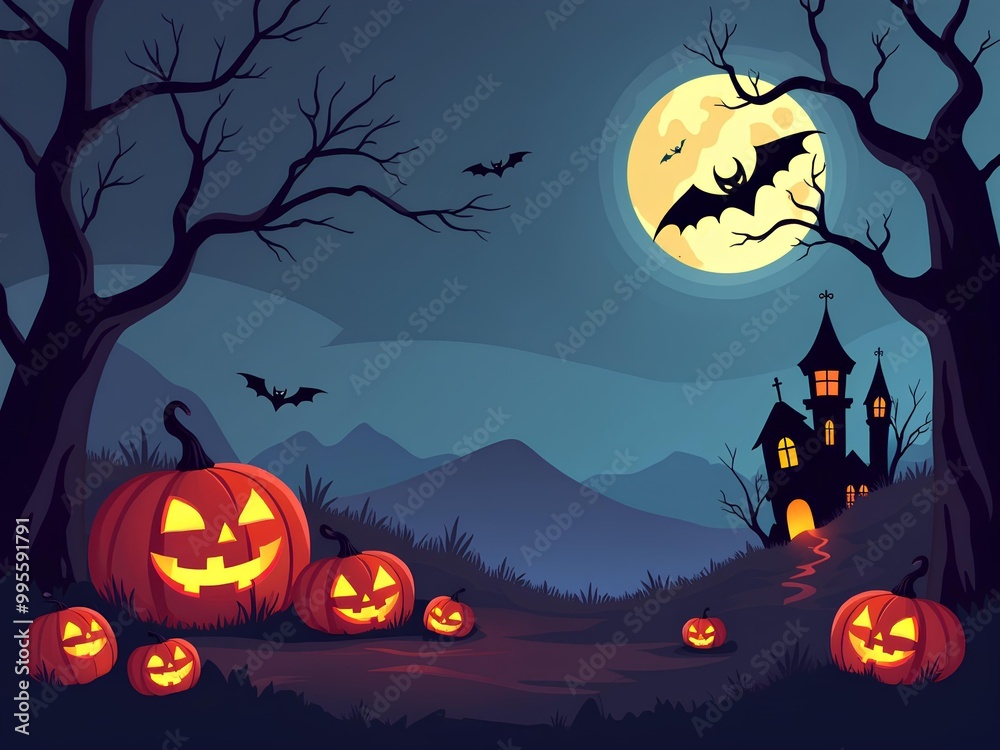 Spooky Halloween Background illustration with Glowing Pumpkins, Mysterious Castle, Bats and Full Moon Spooky Halloween Background illustration with Glowing Pumpkins, Mysterious Castle, Bats and Full Moon