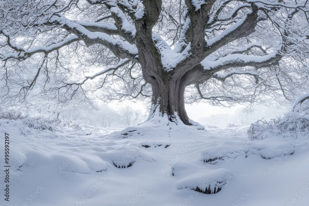 Snow-Covered Beech Tree in a Frosty Winter Landscape with Serene Hills and White Countryside Snow-Covered Beech Tree in a Frosty Winter Landscape with Serene Hills and White Countryside