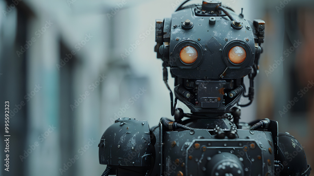 Fototapeta premium Portrait of an android robot, concept of technical support. Neural network AI generated art