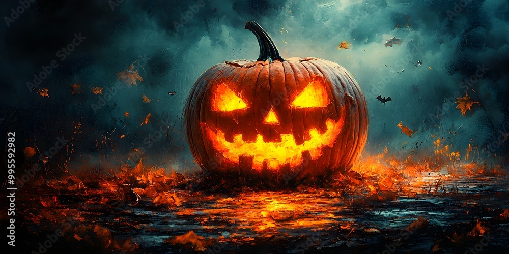 Naklejka premium The sight of flickering lanterns and eerie fog sets the mood for a thrilling Halloween party