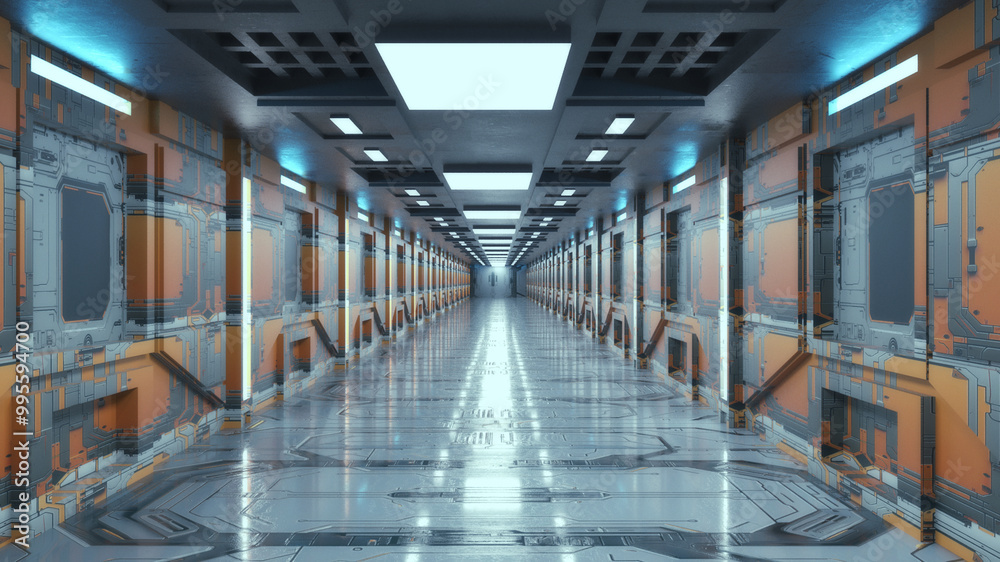 Infinite corridor inside a futuristic spaceship. 3D design Infinite corridor inside a futuristic spaceship. 3D design