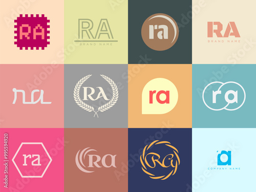 RA logo company template. Letter r and a logotype. Set different classic serif lettering and modern bold text with design elements. Initial font typography.