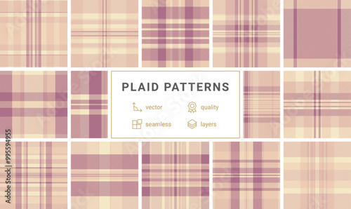 A plaid textile set with striped and check patterns, perfect for rustic shirts, trendy fabric prints, or classic wallpaper.