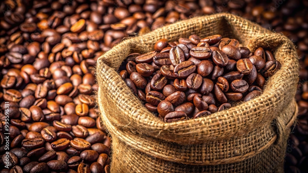 Fototapeta premium Close up of sack burlap bag filled with coffee beans showing aromatic roasted coffee